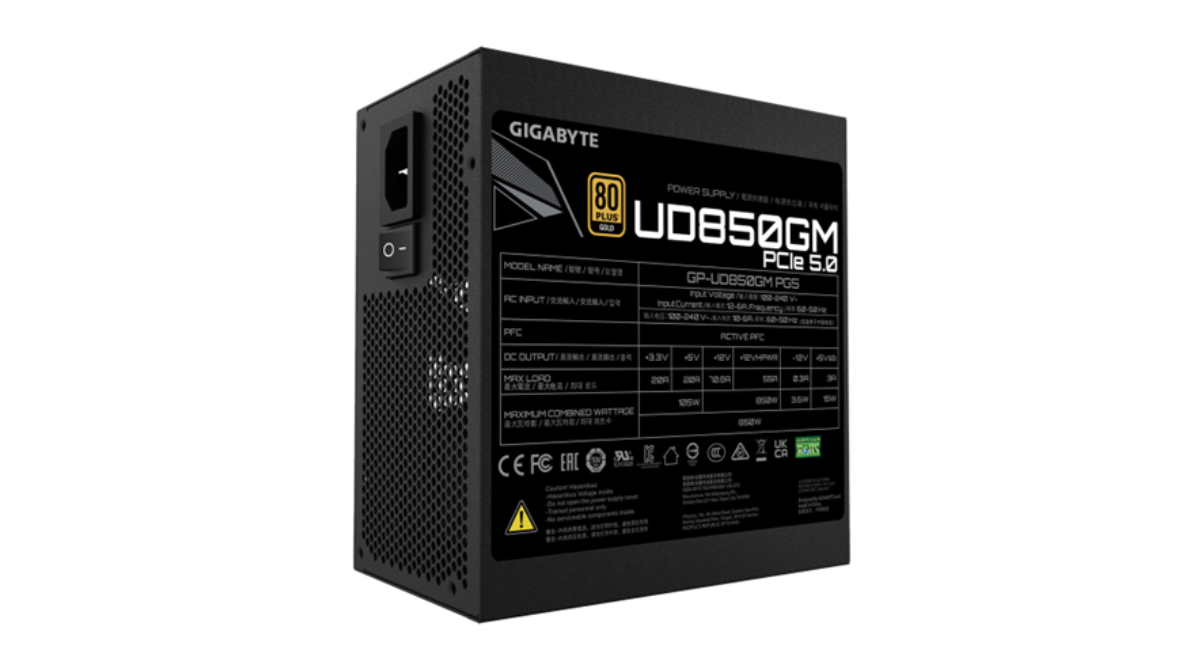 Fuente de Poder Gigabyte (D90)GP-UD850GM PG5 850W ATX 12V 80 Plus Gold Modular PCIe 5.0 20+4 pin Fan 120mm Negro