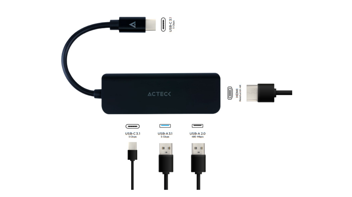 Hub USB C 3.1 Macho - 1x USB 3.0, 1x USB A 2.0 A, 1x USB C, 1x HDMI Hembra, 10.2Gbit/s, Negro